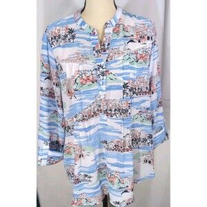 Kim Rogers Tunic V Neck Pleat Front Scenic Detail Roll Tab Sleeve Womans Size L